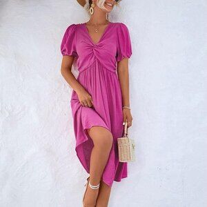 NWT anna-kaci Pink Twist Front Puff Sleeve Midi‎ Dress Size L